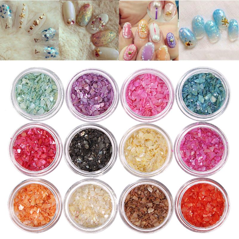 12 Χρώματα Nail Art Glitter Crushed Shell Chips Powder Dust Tips Σετ Διακόσμησης Diy