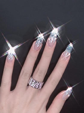 24 Τεμάχια/κουτί Λέιζερ Silver Flame Fake Nails Κομμάτι Φορέσιμα Τεχνητά Τελειωμένα Νύχια