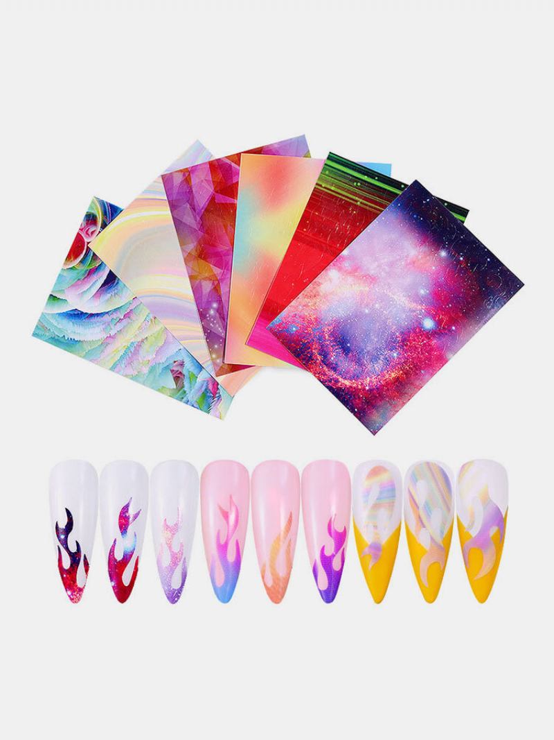 6 Χρώμα/κιτ Πολύχρωμο Αυτοκόλλητο Νυχιών Laser Dazzle Flame Nail Art Transfer Αυτοκόλλητα Χαρτί