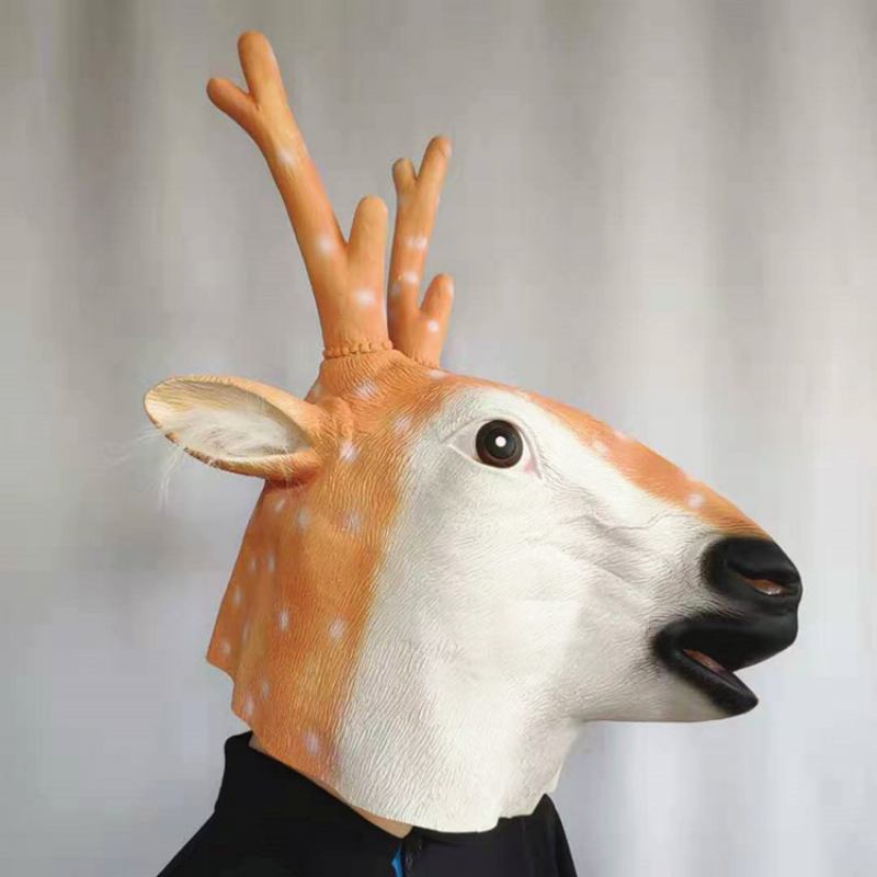 Νέα Sika Deer Mask Christmas Reindeer Headgear Halloween Latex Animal Head Playing Props Party