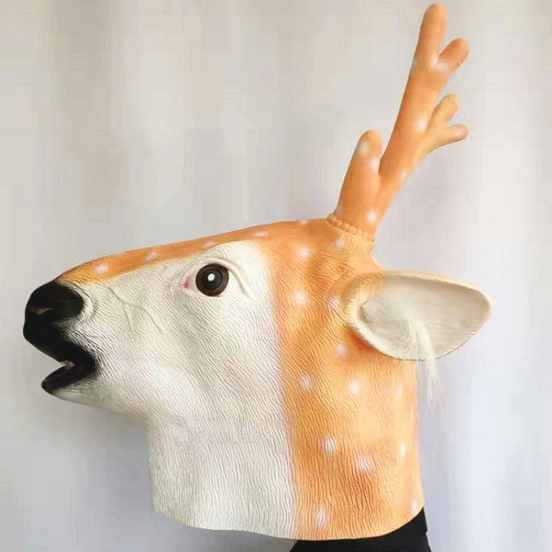 Νέα Sika Deer Mask Christmas Reindeer Headgear Halloween Latex Animal Head Playing Props Party