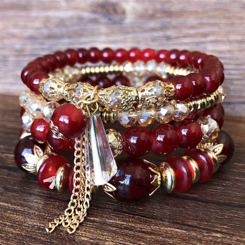 Bohemian Crystal Handmade Beaded Bracelet Μεταλλικό Ακανόνιστο Κρύσταλλο Κρεμαστό Βραχιόλι Πολλαπλών Στρώσεων