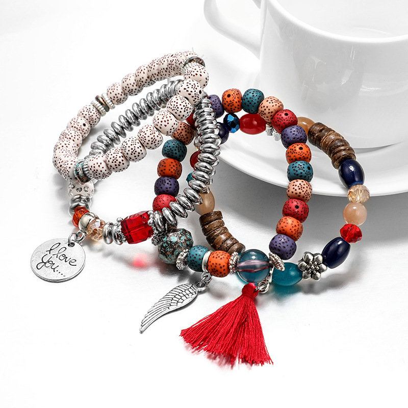 Bohemian Multi Layer Beaded Bracelet African Tassels Bodhi Leaf Για Γυναίκες