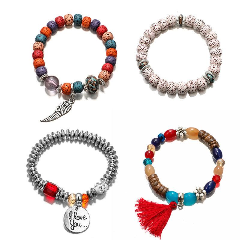 Bohemian Multi Layer Beaded Bracelet African Tassels Bodhi Leaf Για Γυναίκες