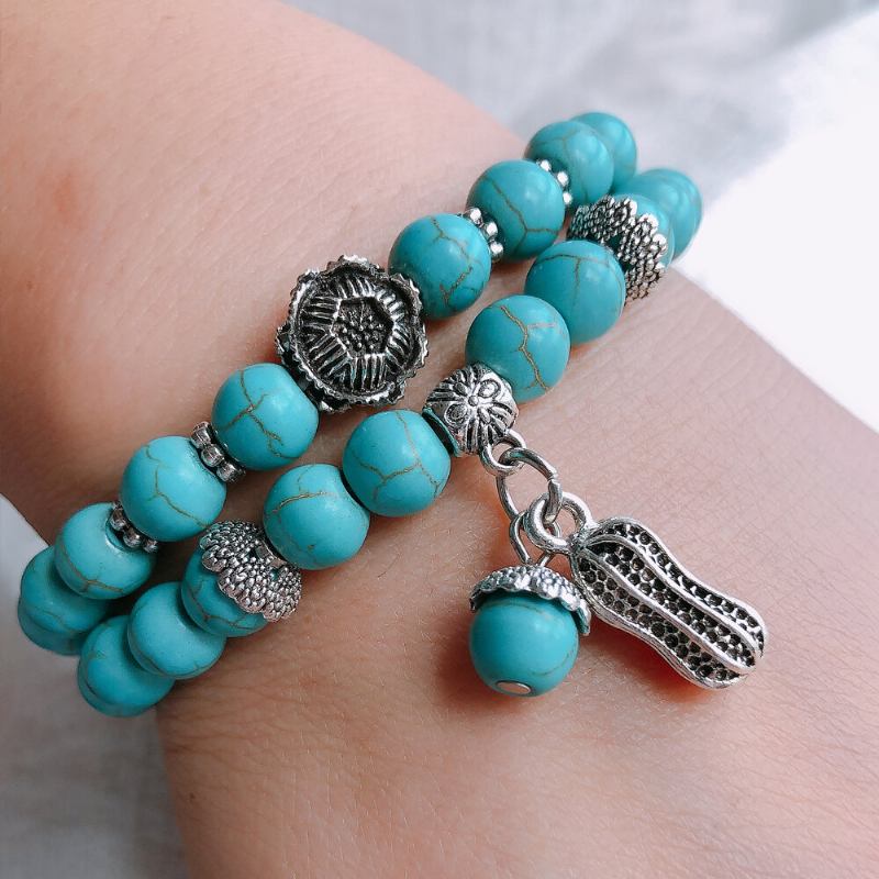 Bohemian Turquoise Beaded Elastic Bracelet Μεταλλικό Στερεοσκοπικό Πολυστρωματικό Βραχιόλι Φυστικιών