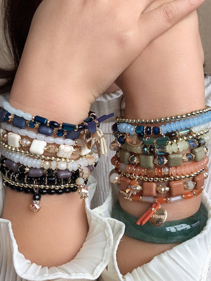 Bohemian Turquoise Handmade Beaded Crystal Bracelet Τετράγωνο Με Χάντρες Μεταλλικό Κρεμαστό Βραχιόλι Πολλαπλών Στρώσεων