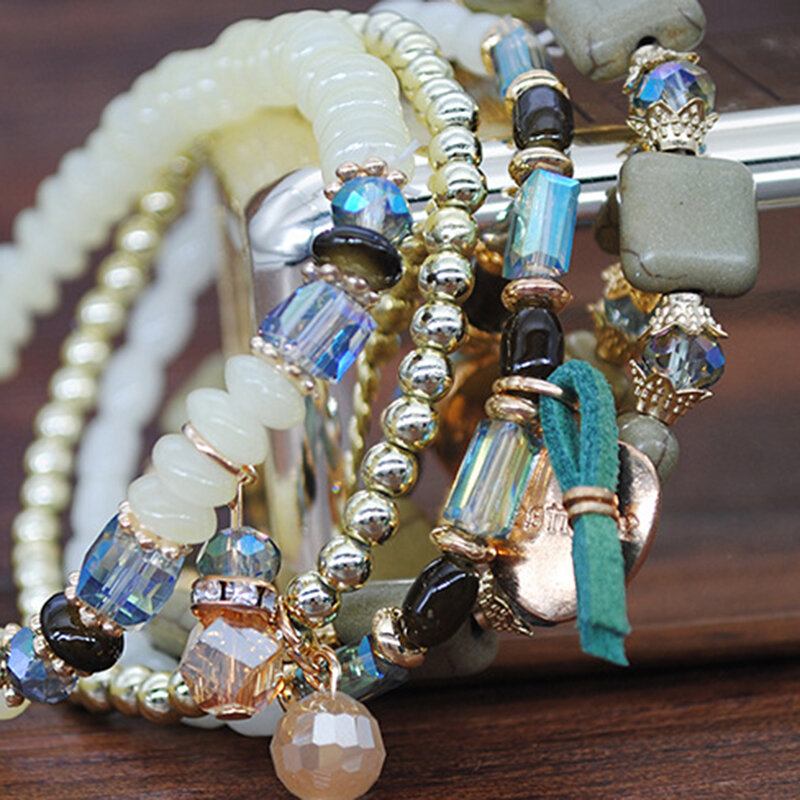 Bohemian Turquoise Handmade Beaded Crystal Bracelet Τετράγωνο Με Χάντρες Μεταλλικό Κρεμαστό Βραχιόλι Πολλαπλών Στρώσεων
