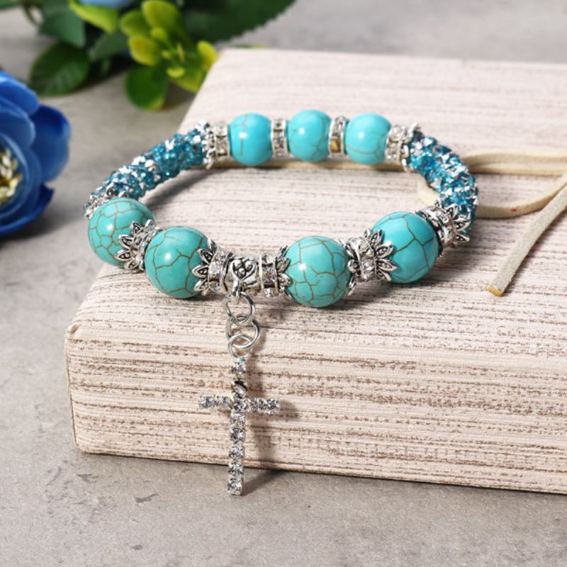 Boho Rhinestones Φυσικό Λευκό Μπλε Τυρκουάζ Πέτρα Χάντρες Σταυρός Βραχιόλια Δώρο Για Γυναίκες
