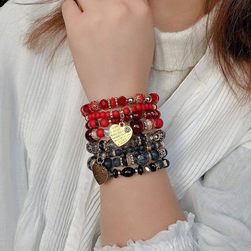 Βραχιόλι Bohemian Crystal Beaded Multi-layer Μεταλλικό Μενταγιόν Με Καρδιά Ροδάκινο Ρυθμιζόμενο
