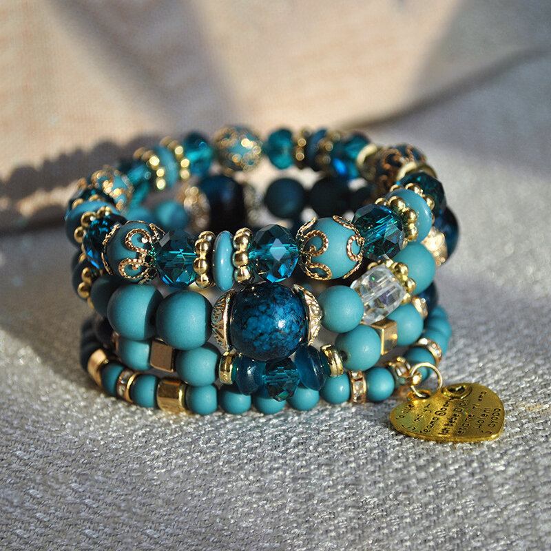 Βραχιόλι Bohemian Crystal Beaded Multi-layer Μεταλλικό Μενταγιόν Με Καρδιά Ροδάκινο Ρυθμιζόμενο