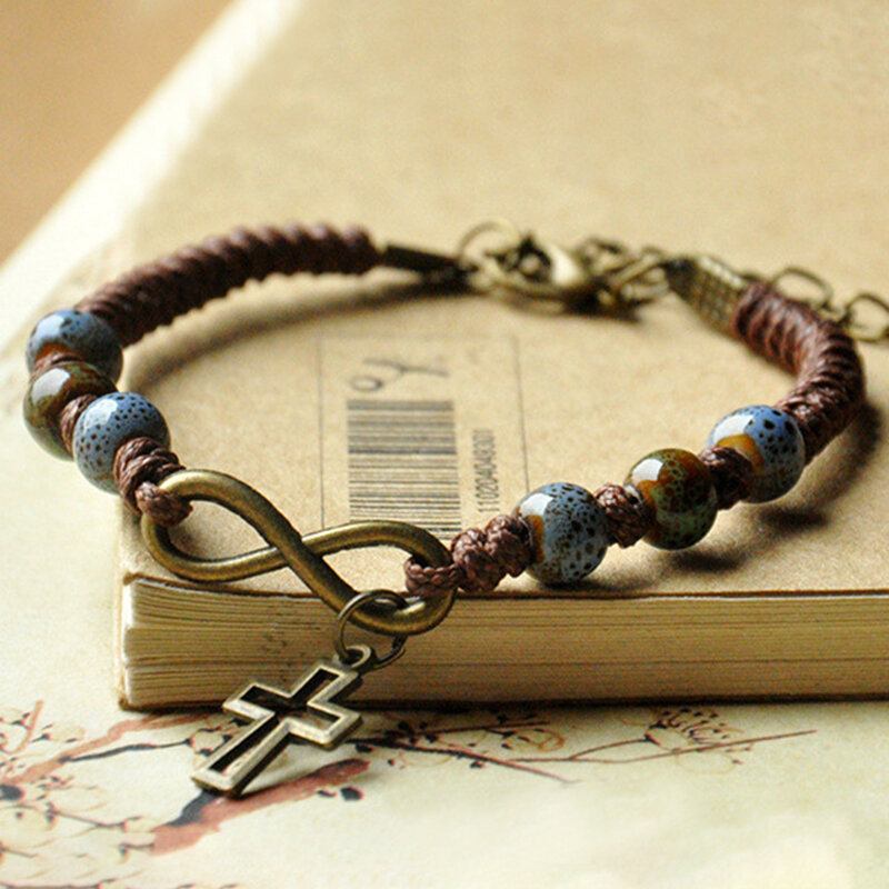 Βραχιόλι Vintage Ethnic Κεραμικές Χάντρες Ρυθμιζόμενο Creative Cross Type Χειροποίητο Κρεμαστό