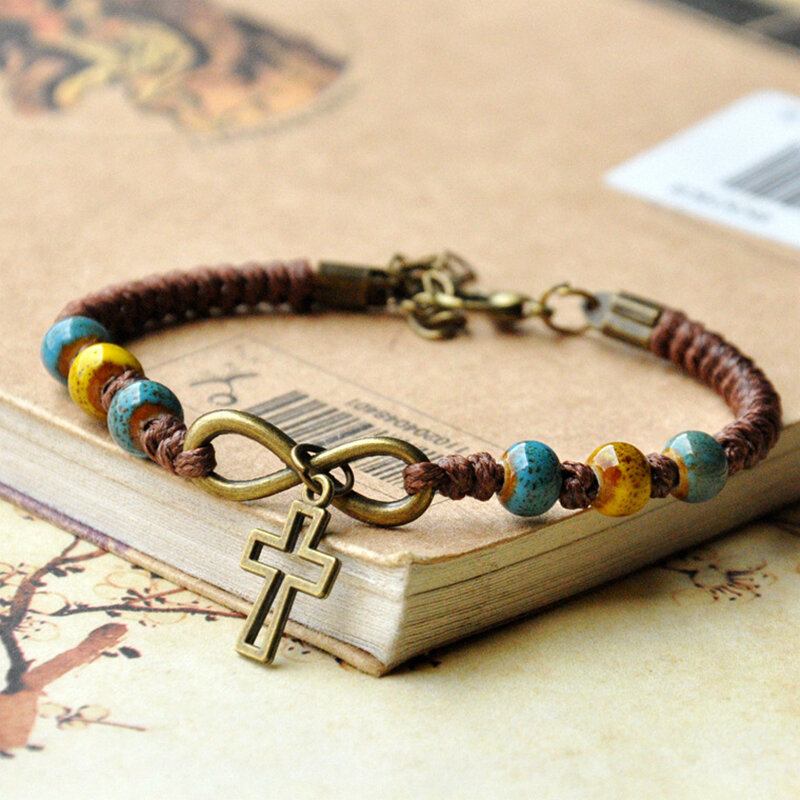 Βραχιόλι Vintage Ethnic Κεραμικές Χάντρες Ρυθμιζόμενο Creative Cross Type Χειροποίητο Κρεμαστό