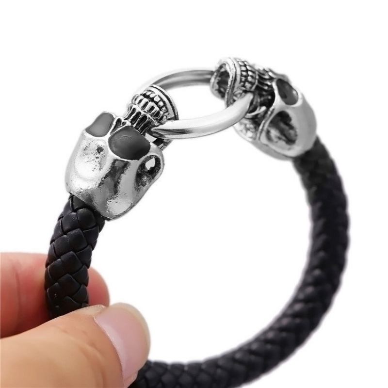 Βραχιόλια Punk Cuff Double Skulls Black Snake Grain Leather Bracelet Ethnic Κοσμήματα Για Άνδρες