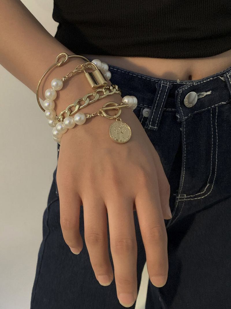 Hip Hop Lock Bracelet Metal Geometric Ot Buckle Pearl Set