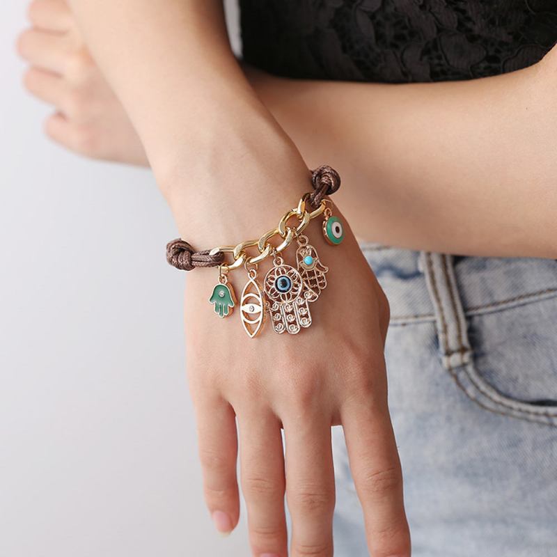 Κλασικό Κομψό Μοντέλο Fatima's Palm And Eye Knit Chain Hand Ανθεκτικό Γυαλιστερό Βραχιόλι Από Κράμα Αλουμινίου Για Άνδρες Γυναικεία