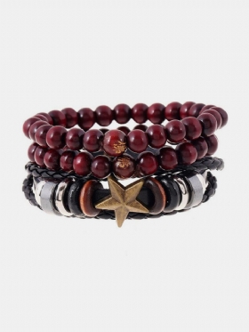Punk 3pcs Multilayer Bracelet Star Leather Braid Bead Adjustable Ethnic Jewelry For Women