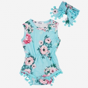 2 Τεμ. Baby Floral Print Casual Rompers+headwear For 6-24m