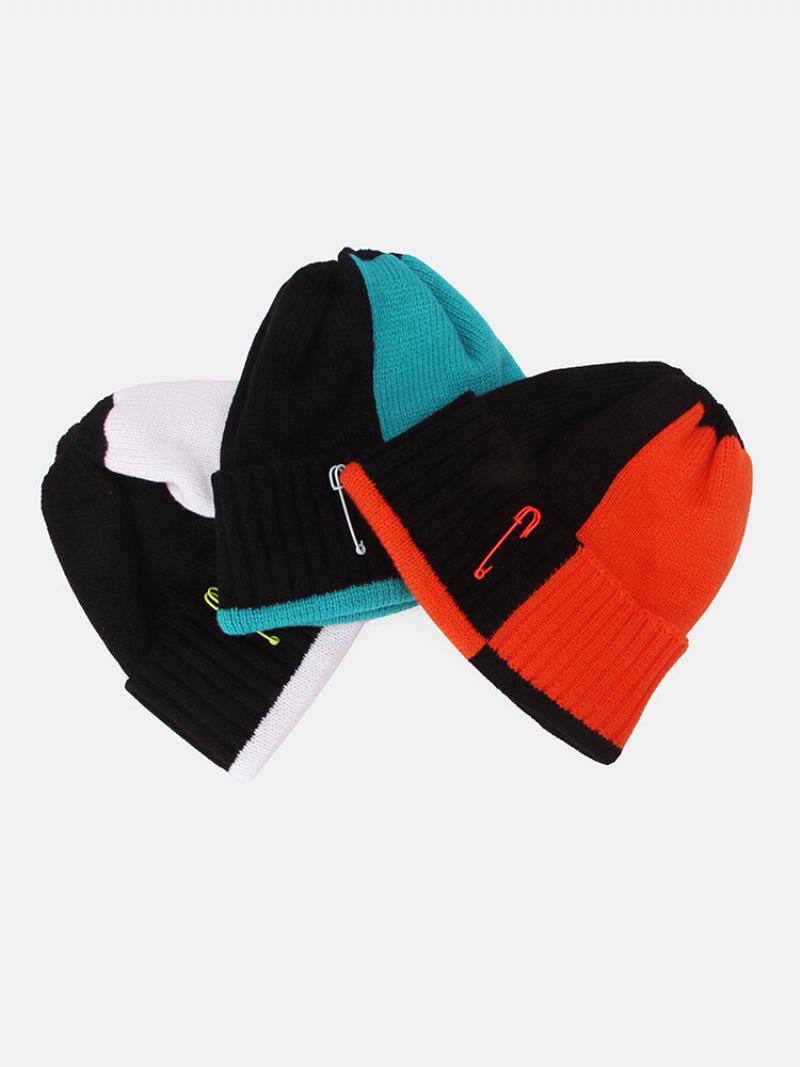 Unisex Πλεκτό Χρώμα Αντίθεσης Patchwork Διακόσμηση Με Συνδετήρα Μόδας Ζεστό Καπέλο Beanie