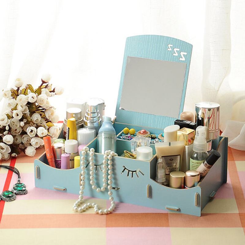 Creative Diy Ξύλινο Κουτί Αποθήκευσης Καλλυντικών Δοχείο Επιφάνειας Εργασίας Με Καθρέφτη