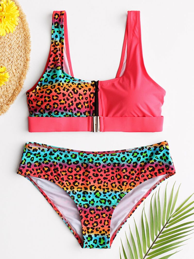 Γυναικείο Γιλέκο Bikini Leopard Patchwork Μπροστινή Πόρπη Με Φερμουάρ Σέξι Μαγιό