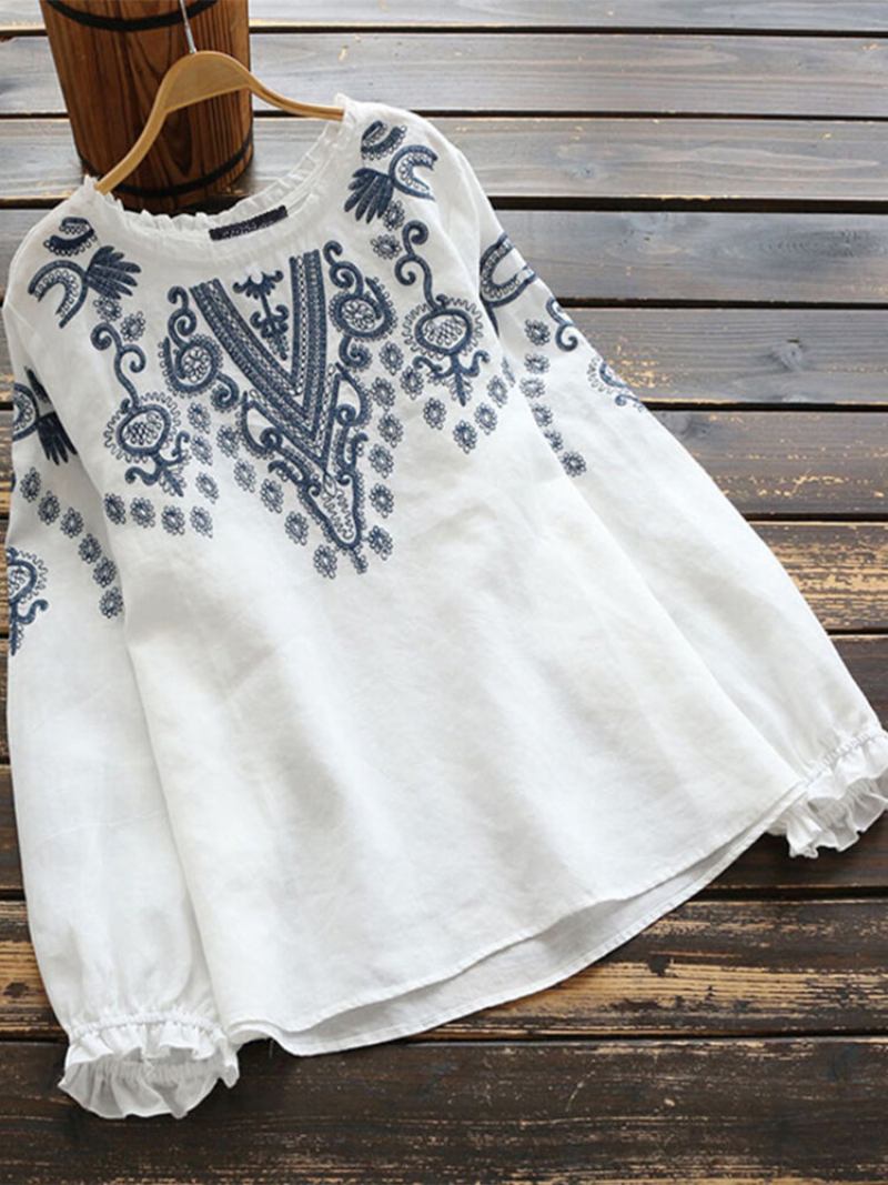 Κέντημα Δαντέλα Μακρυμάνικη Μπλούζα Plus Size Vintage
