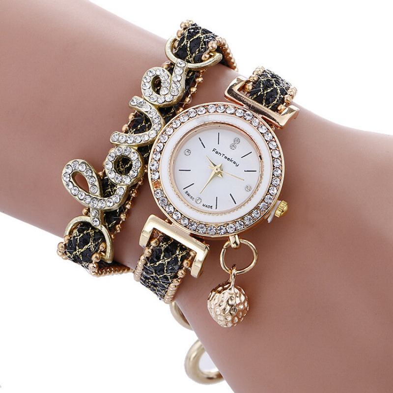 Μόδα Ρολόι Χειρός Χαλαζία Από Χρυσό Κράμα Rhinestone Love Ρολόγια Δύο Επιπέδων Μικρού Καμπάνα Για Γυναίκες