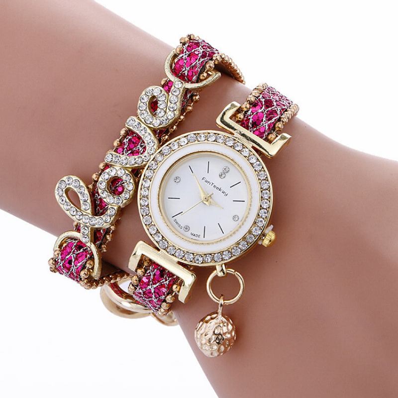Μόδα Ρολόι Χειρός Χαλαζία Από Χρυσό Κράμα Rhinestone Love Ρολόγια Δύο Επιπέδων Μικρού Καμπάνα Για Γυναίκες