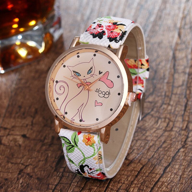 Μοντέρνα Cat Flower Pu Δερμάτινο Βραχιολάκι Ρετρό Quartz Γυναικεία Ρολόγια Με Λουράκι Για Εκείνη