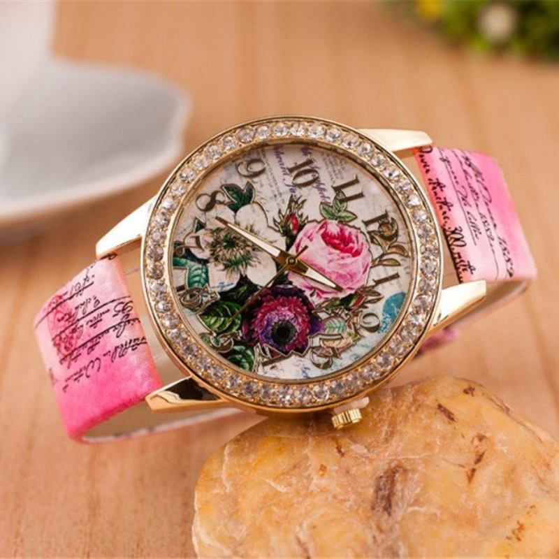 Πλήρες Δερμάτινο Ρολόι Rhinestone Flower Δώρο Για Εκείνη Lady Casual Floral Χειρός Quartz