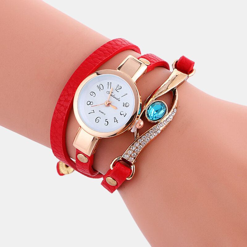 Ρολόι Ρετρό Pu Strap Rhinestone Πολλαπλών Στρώσεων Μεταλλικό Μπλε Κρύσταλλο Ρυθμιζόμενο Χαλαζία