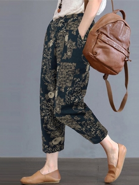 Vintage Floral Print Ελαστικό Παντελόνι Χαρέμι Μέσης Plus Size