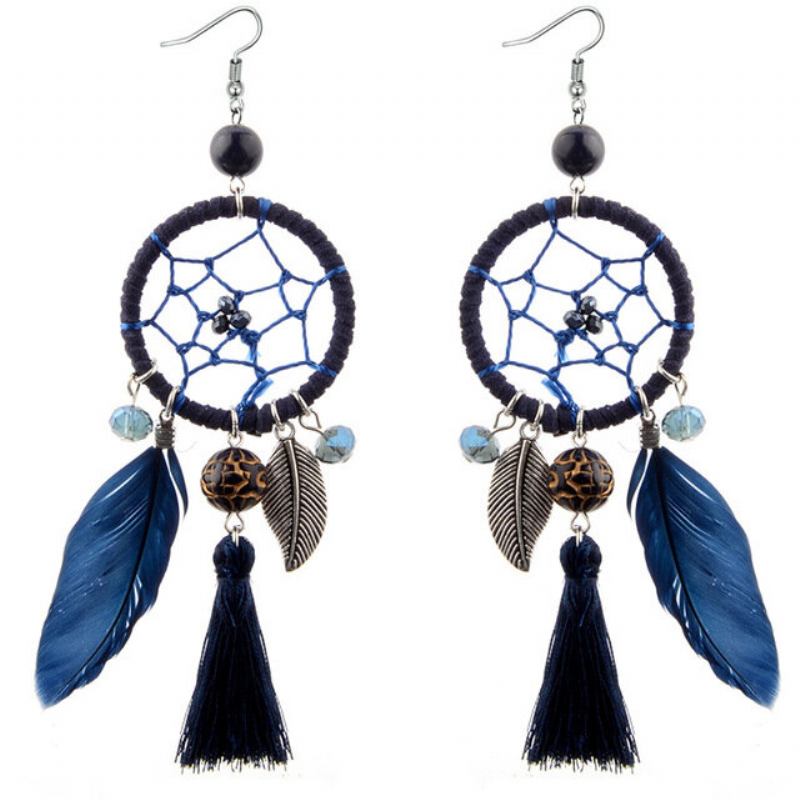 Bohemian Geometric Dreamcatcher Κρεμαστά Μακριά Σκουλαρίκια Μεταλλικά Πουπουλένια Φούντα Τιρκουάζ