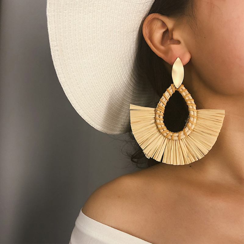Δάκρυ Rattan Σκουλαρίκια Grass Braid Νύχια Αυτιών Σε Σχήμα Σταγόνας Δημιουργικά Χειροποίητα