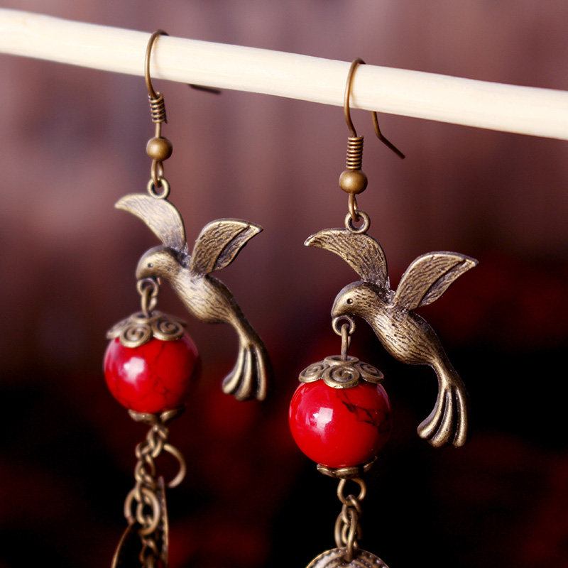 Ethnic Vintage Χάλκινο Κόσμημα Magpie Bird Κόκκινο Τυρκουάζ Γυναικεία Σκουλαρίκια