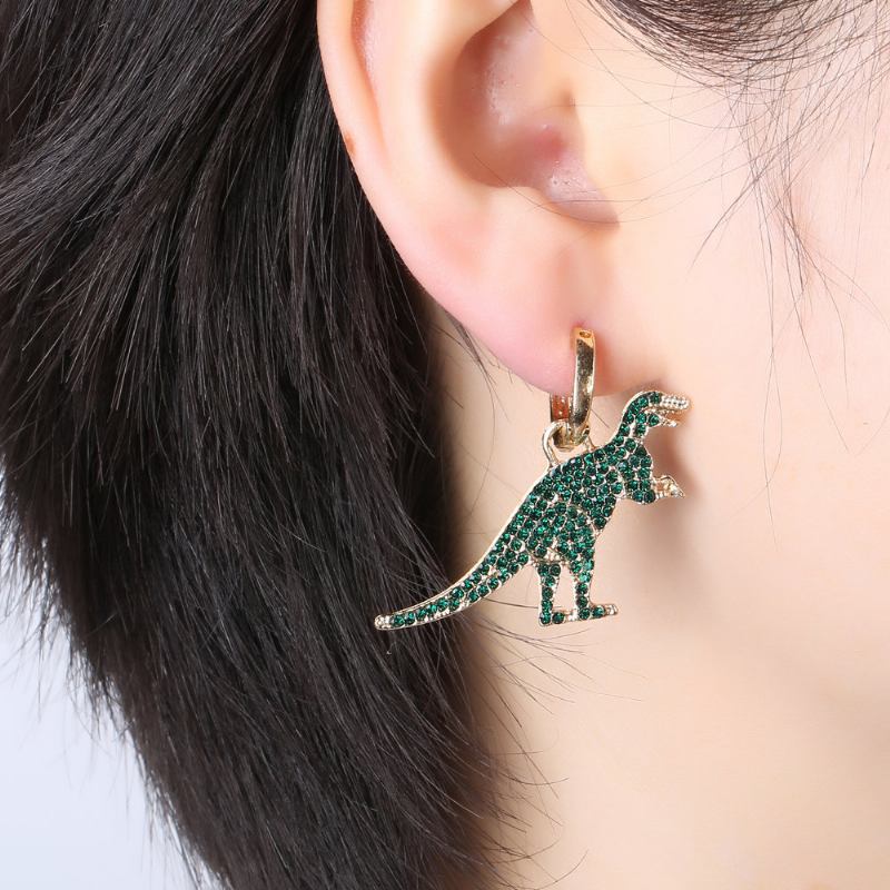 Κλασικά Χρυσά Πράσινα Στρας Dinosaur Dangle Σκουλαρίκια Μόδας Ασυμμετρία Για Γυναικεία Δώρα