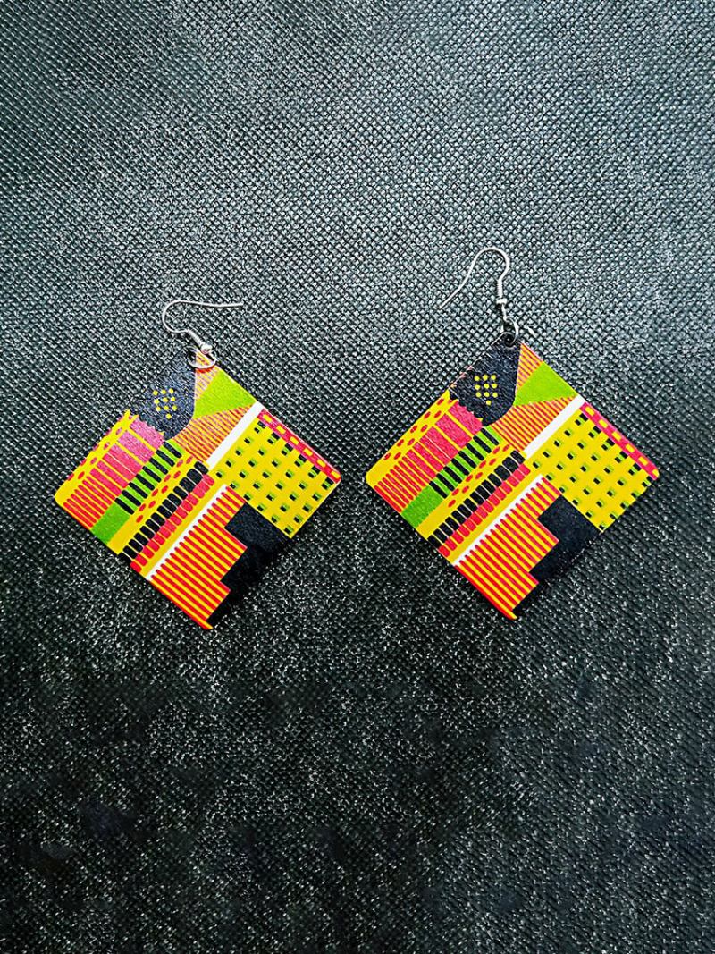 Ξύλινα Vintage Τετράγωνα Σκουλαρίκια Graphic Engraving Printing Exaggerated Earrings