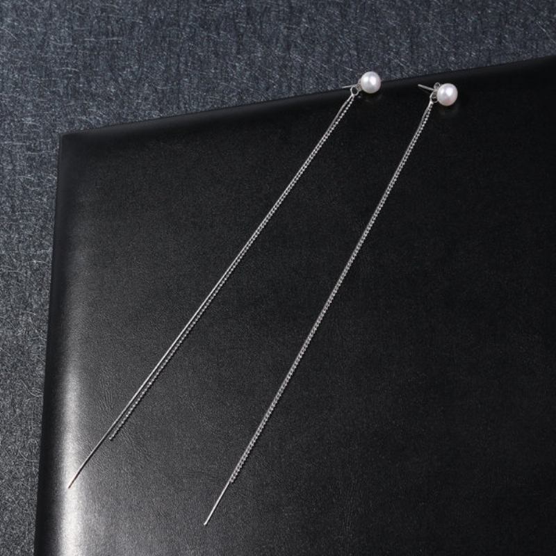 Πολυτελή Ασήμι 925 Χρυσό Πλατίνα 18 Καρατίων Extra Long Ear Line Natural Pearl Σκουλαρίκια Δώρο Για Εκείνη
