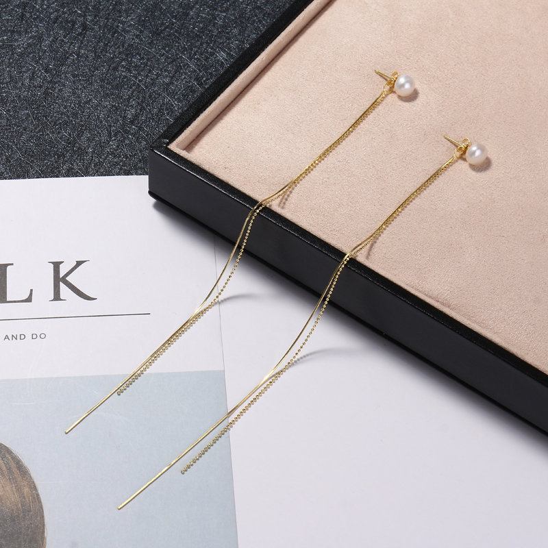 Πολυτελή Ασήμι 925 Χρυσό Πλατίνα 18 Καρατίων Extra Long Ear Line Natural Pearl Σκουλαρίκια Δώρο Για Εκείνη