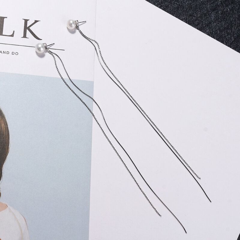 Πολυτελή Ασήμι 925 Χρυσό Πλατίνα 18 Καρατίων Extra Long Ear Line Natural Pearl Σκουλαρίκια Δώρο Για Εκείνη