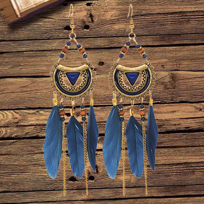 Σκουλαρίκια Bohemian Metal Tassel Ripe Beads Vintage Με Μακριά Φτερά Γυναικεία Δώρο