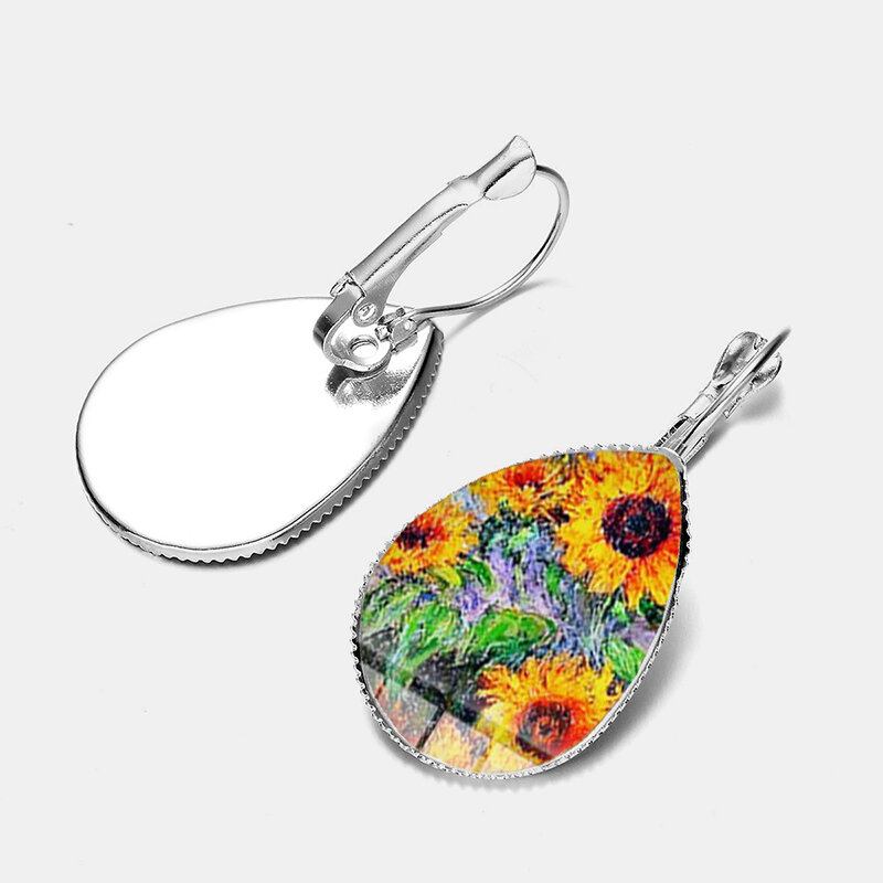Σκουλαρίκια Bohemian Sun Flower Print Water Drop Shape Sunflower Gem Mount Ear Hook Γυναικεία Κοσμήματα Δώρα