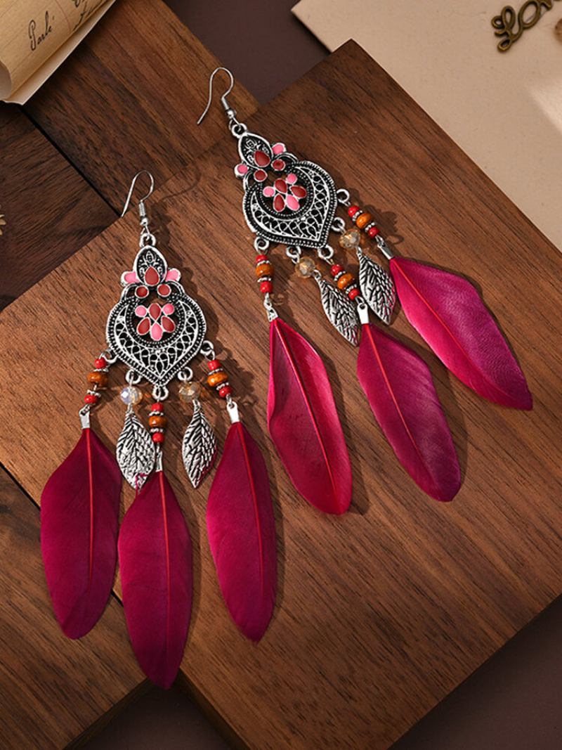 Σκουλαρίκια Με Μακρύ Φτερό Από Κράμα Vintage Ethnic Color Dipping Oil Σε Σχήμα Καρδιάς