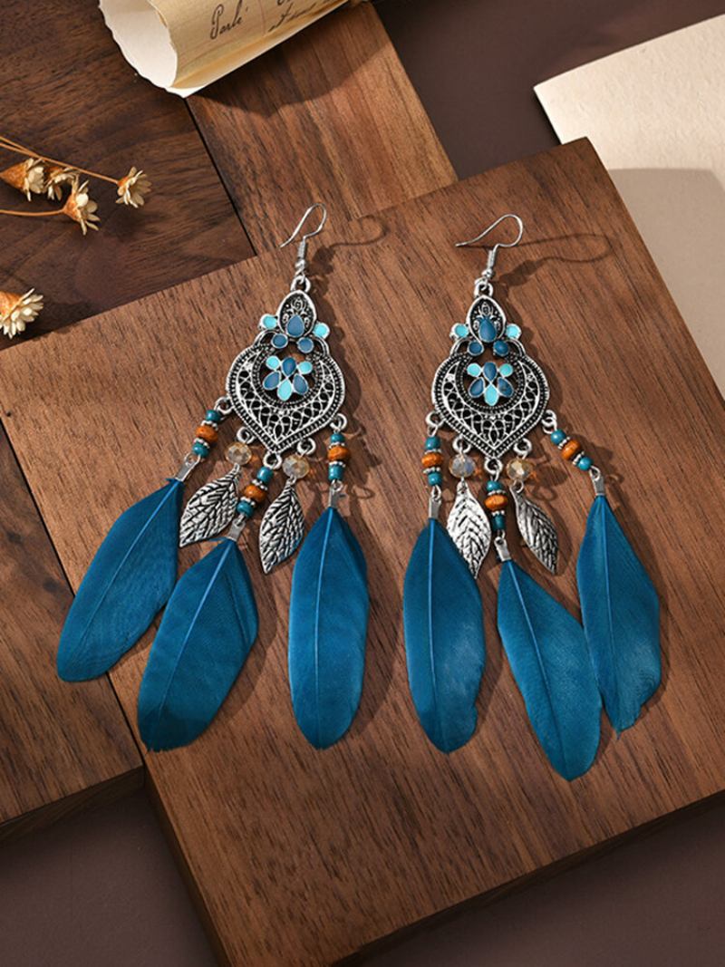 Σκουλαρίκια Με Μακρύ Φτερό Από Κράμα Vintage Ethnic Color Dipping Oil Σε Σχήμα Καρδιάς
