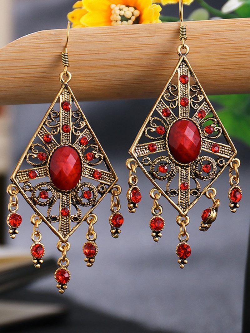 Σκουλαρίκια Vintage Bohemian Hollow Carved Rhombus Με Ένθετα Κράμα Στρας