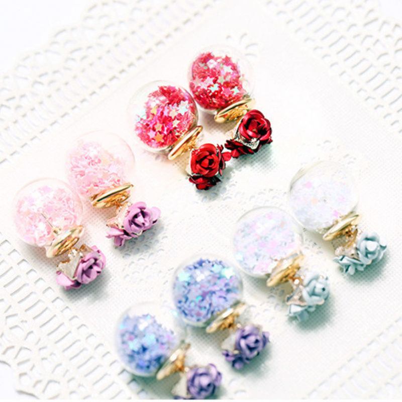 Sweet Elegant Earrings Glass Wishing Ball Star Rose Flower For Women Δώρο