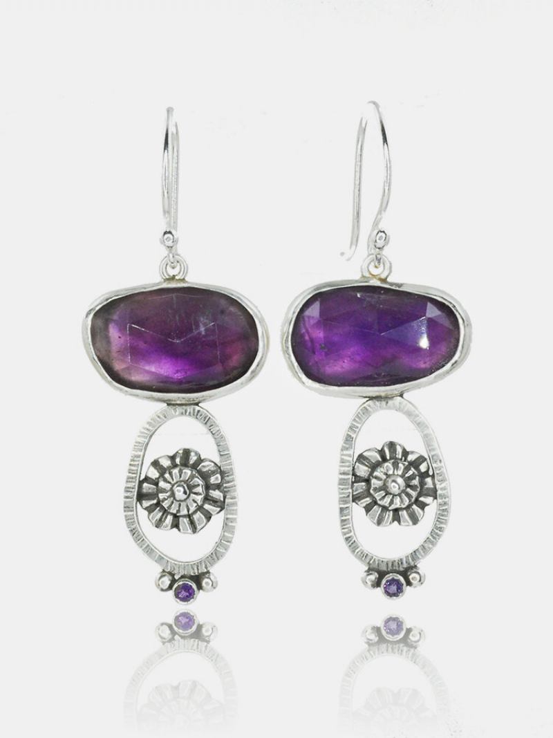 Vintage Amethyst Gem Ένθετα Γυναικεία Σκουλαρίκια Σκαλιστά Λουλούδια Νυφικά Αξεσουάρ