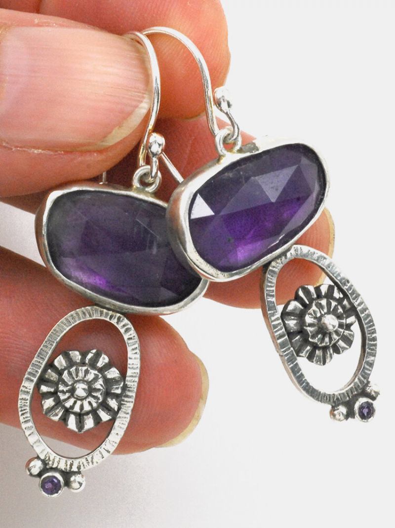 Vintage Amethyst Gem Ένθετα Γυναικεία Σκουλαρίκια Σκαλιστά Λουλούδια Νυφικά Αξεσουάρ
