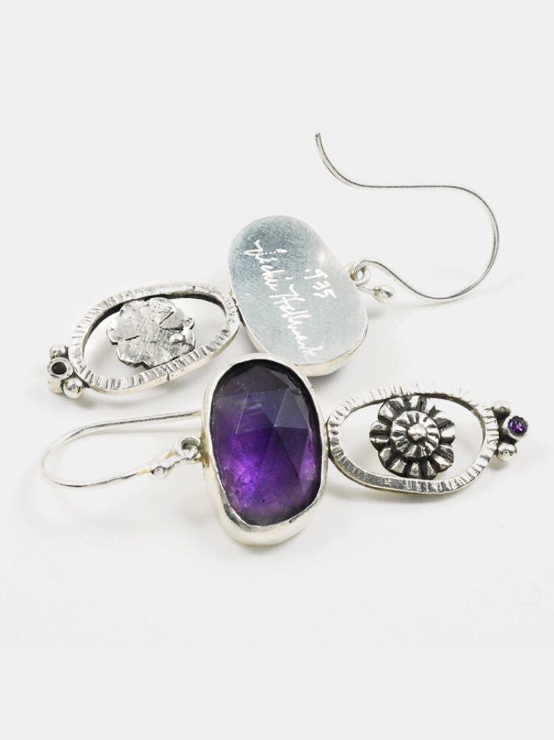 Vintage Amethyst Gem Ένθετα Γυναικεία Σκουλαρίκια Σκαλιστά Λουλούδια Νυφικά Αξεσουάρ