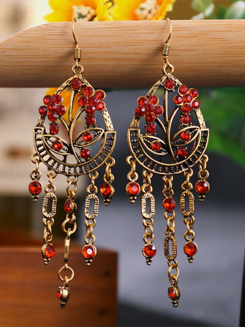 Vintage Bohemian Hollow Drop Σχήμα Λουλουδιού Με Ένθετη Φούντα Σκουλαρίκια Από Κράμα Στρας
