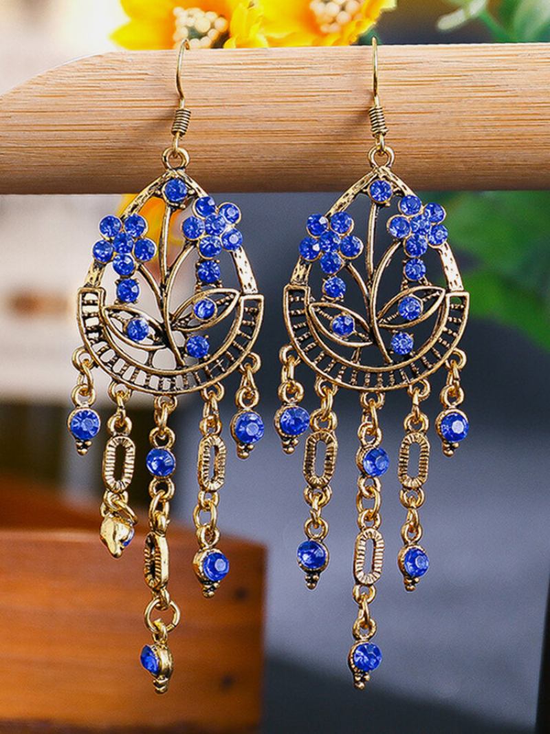 Vintage Bohemian Hollow Drop Σχήμα Λουλουδιού Με Ένθετη Φούντα Σκουλαρίκια Από Κράμα Στρας